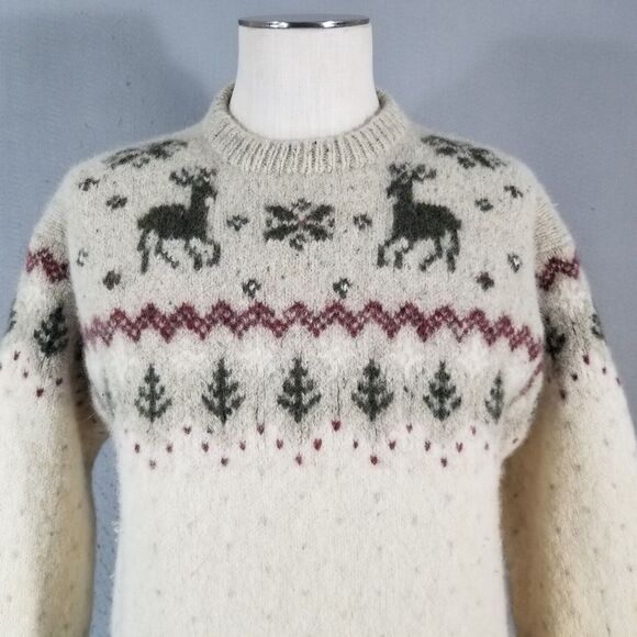 L L Bean sweater mens large White Gray Brown Wool Silk Crew Neck Winter FLAWED - Picture 2 of 15